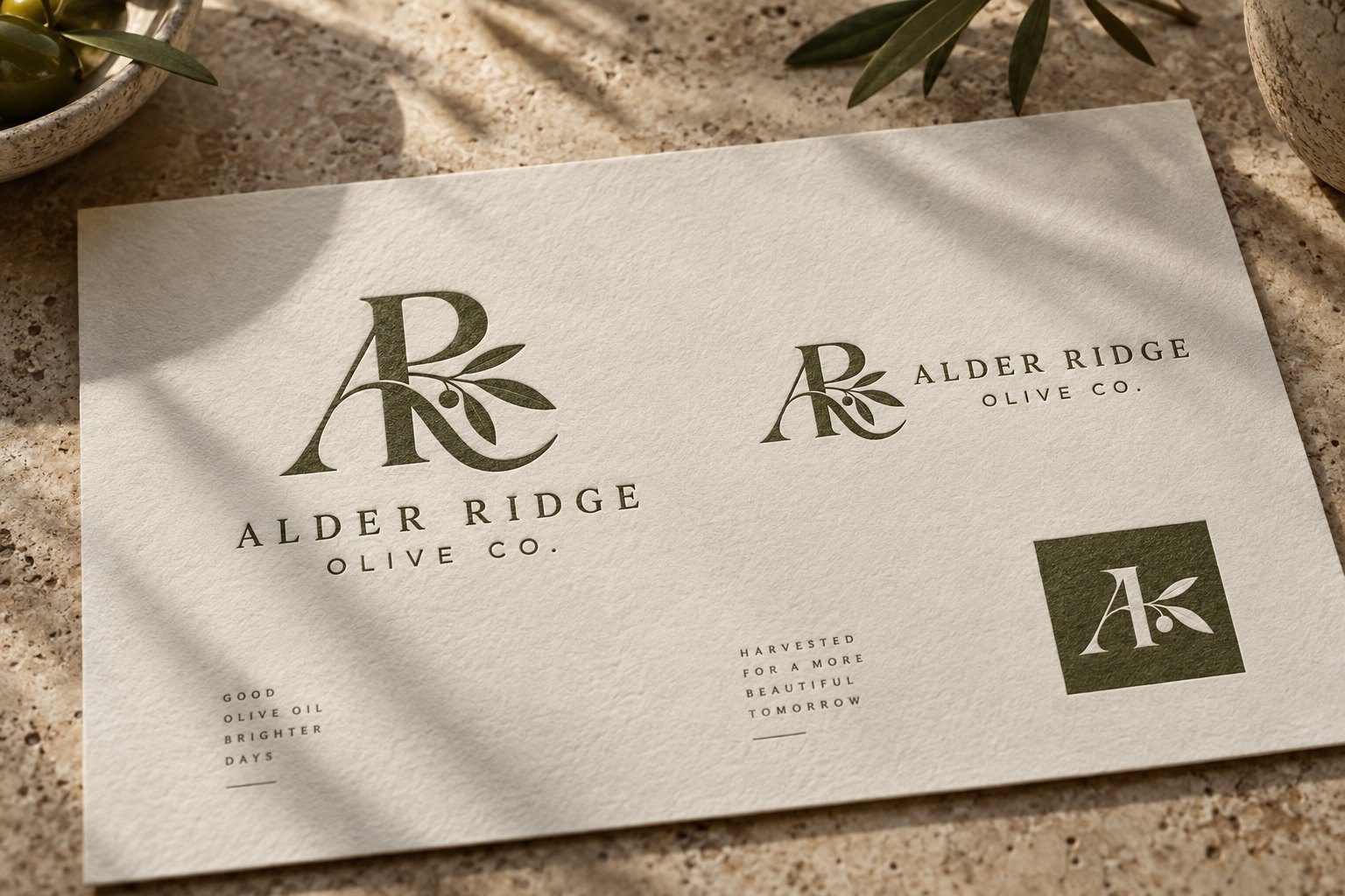 A printed logo sheet showing a primary mark, a horizontal lockup and a square favicon tile in olive ink on cream paper.