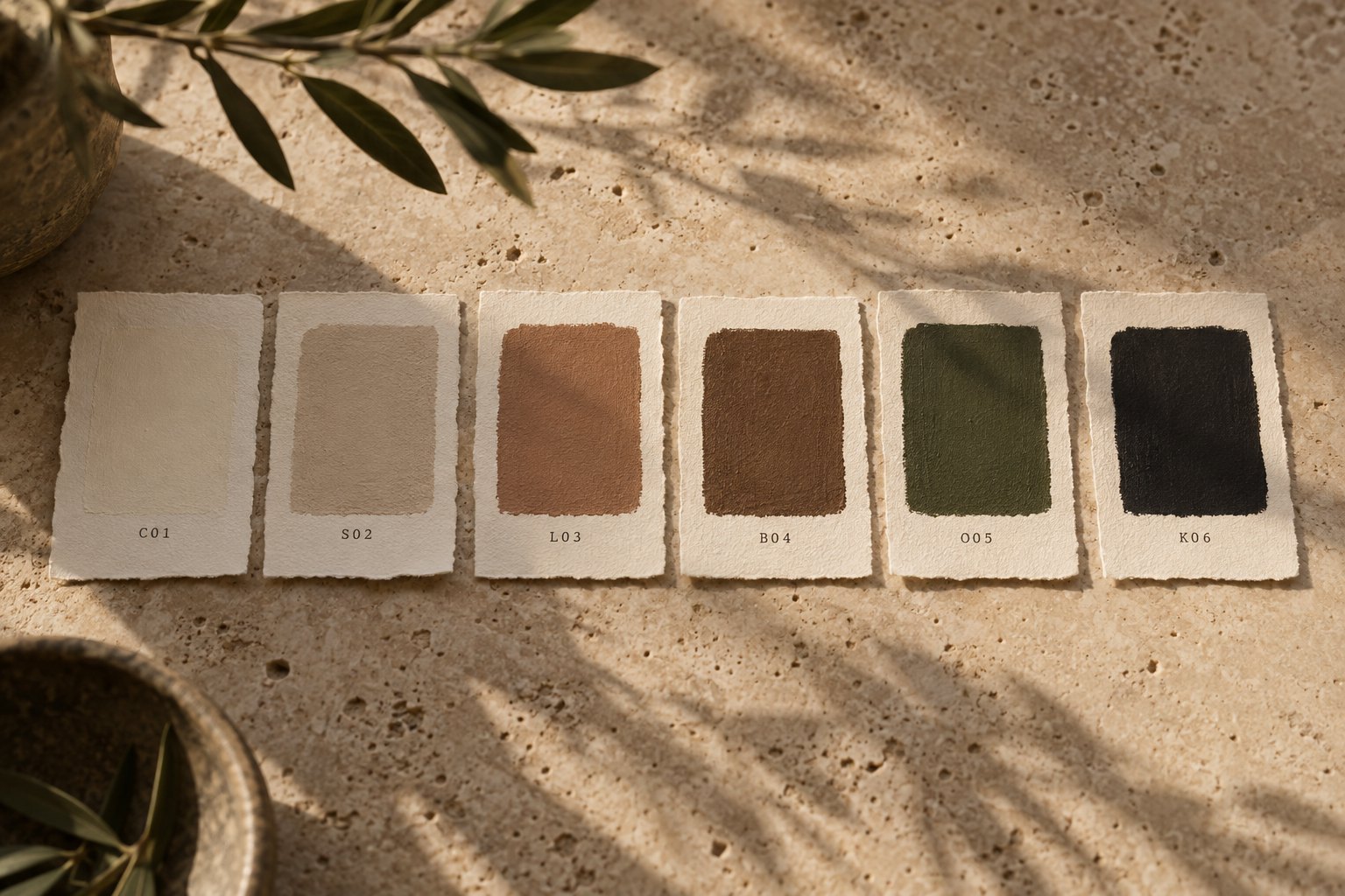 Six painted colour chips in a row on deckled paper, each with a printed code beneath it.