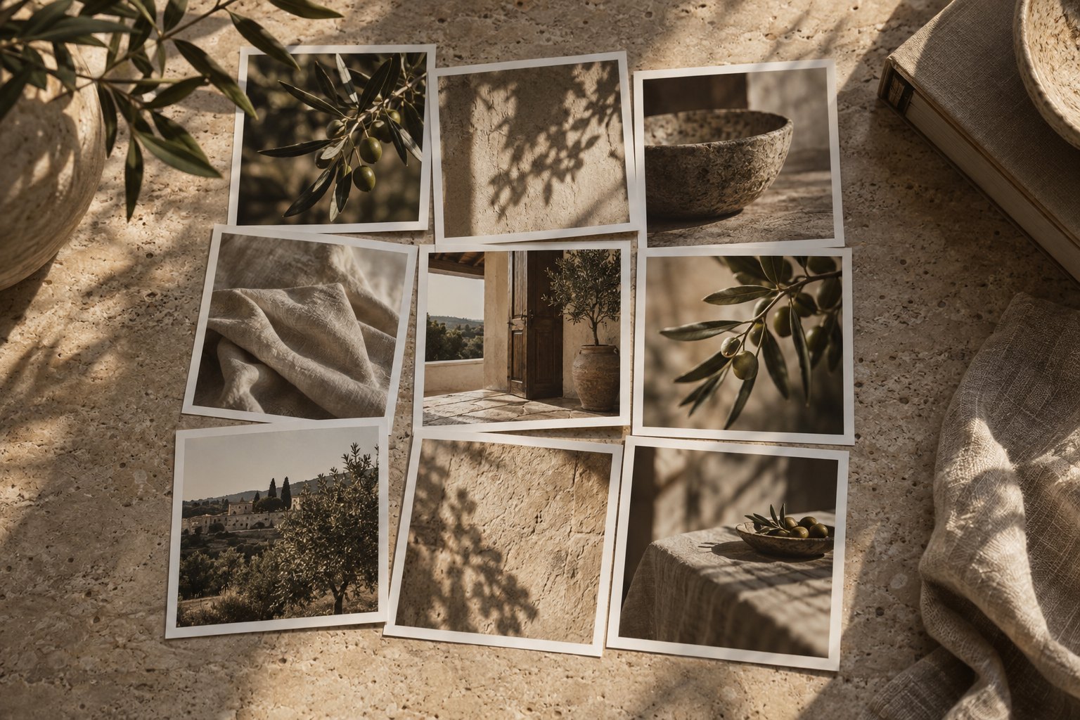 Nine small printed photographs laid out as a contact sheet in a muted olive and stone register.