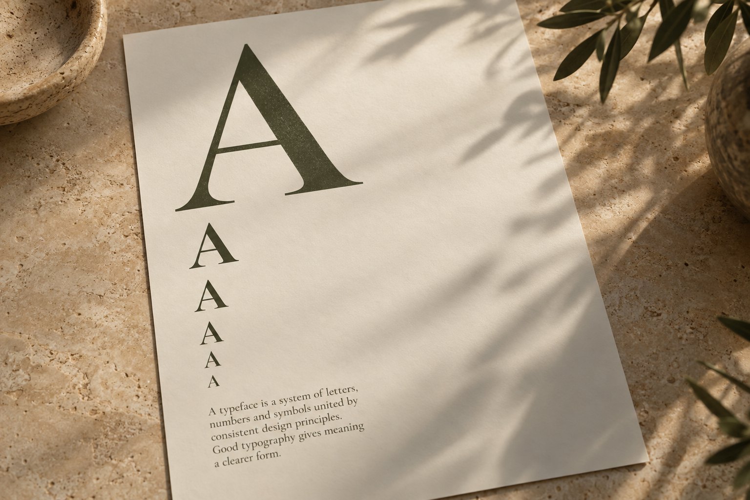 A type specimen page with a large serif letterform and a descending scale beneath it.